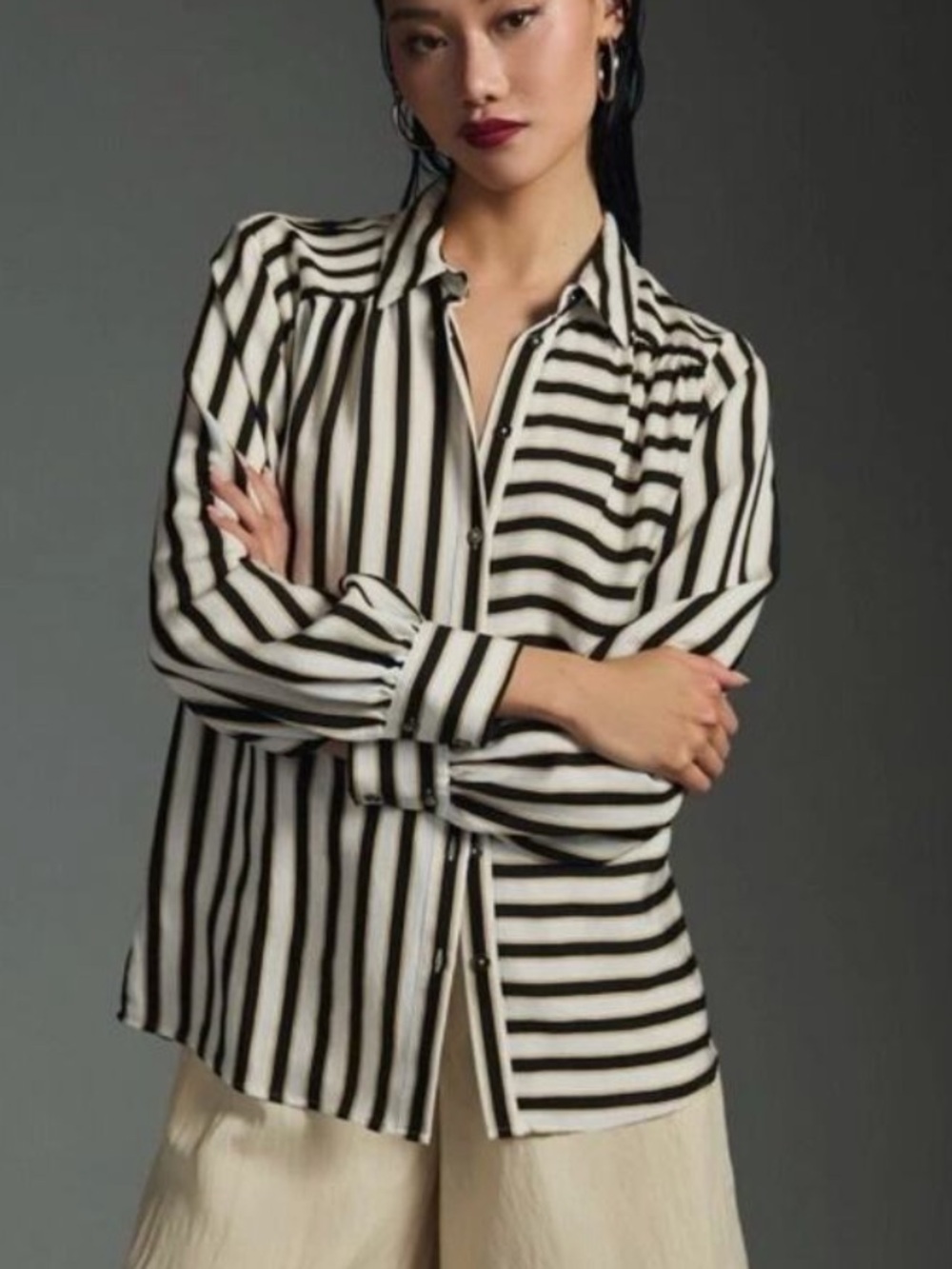 Anthropologie MAEVE Black, Yellow, and White Vertical Stripe Button-Up Shirt